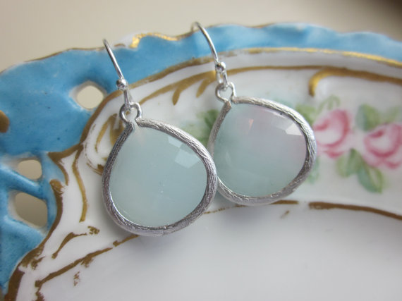 Wedding - White Blue Earrings Silver Plated Large Pendant - Wedding Jewelry - Bridesmaid Jewelry - Bridal Jewelry