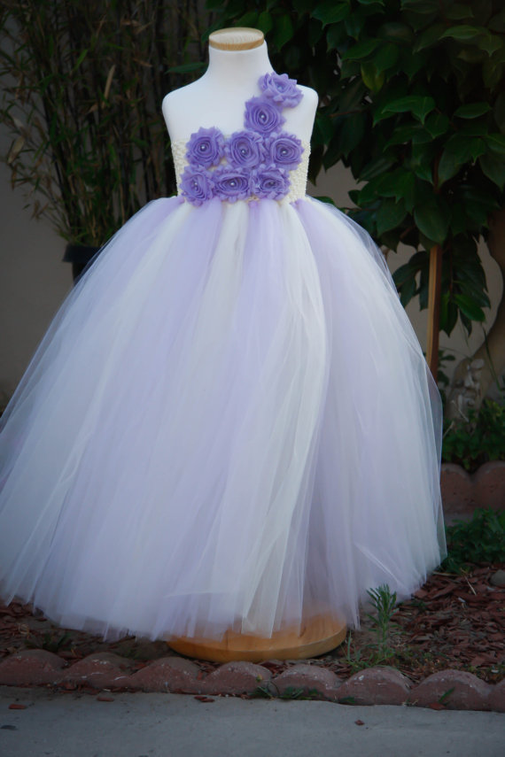 Wedding - Flower girl dress. Ivory and Lavender with Lavender Shabby Flowers Tutu Dress. birthday.