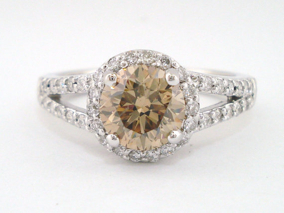 زفاف - Natural Champagne & White Diamond Engagement Ring 2.38 Carat 14k White Gold Handmade Halo Certified