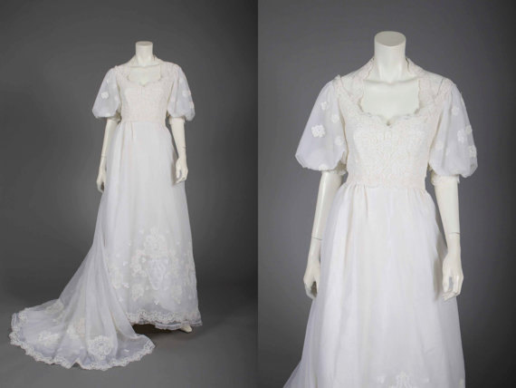 Wedding - 80s Wedding Dress - Vintage 1980s Princess Diana Style White Organza Bridal Gown