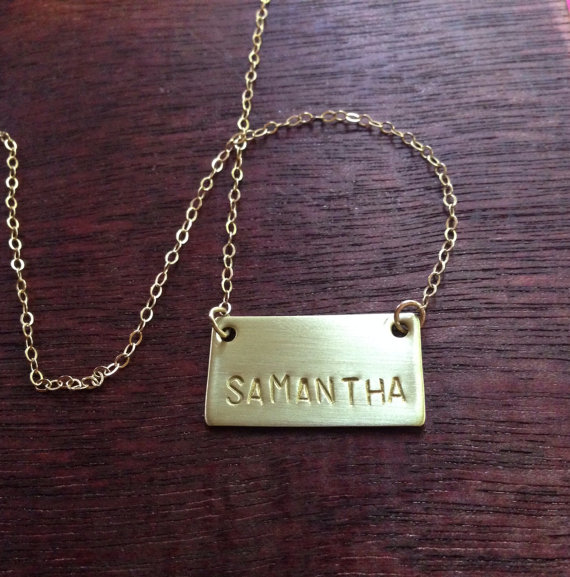 Свадьба - Name Plate Necklace, Personalized, Monogram, Charm, Gold Filled Chain, Bar Necklace, Bridesmaids, Weddings, Handmade Jewelry