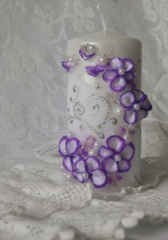 Свадьба - Purple and Silver Wedding unity candle from the collection Art FlowersPerls WeddingPurple WeddingpersonalizationViolet candles3 pcs