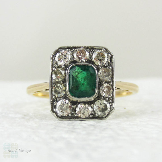 زفاف - Emerald Engagement Ring with Old European Cut Diamond Halo in High Carat Gold, Simple Rectangle Shaped Top, Vintage Early 20th Century Ring.