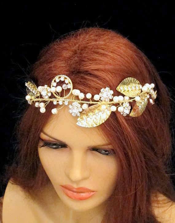Свадьба - Rhinestone Pearl Gold Leaf Headband Bridal Tiara Greek Inspired Grecian Headpiece Head Piece