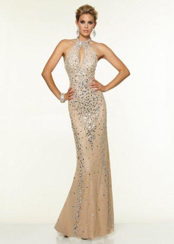 Wedding - Nude Halter Neck Keyhole Back Beaded Fitted Party Dress