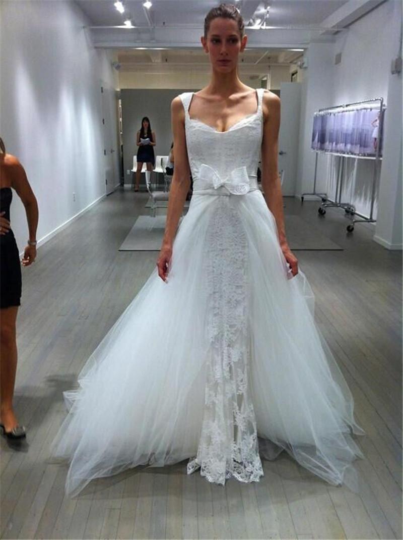 Mariage - Charming 2015 Lace Wedding Dresses Appliuque Sheer Tulle Real Image Cheap A Line Chapel Train Plus Size Bridal Gown Ball Detachable Skirt Online with $129.95/Piece on Hjklp88's Store 
