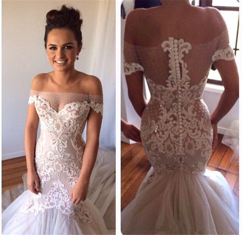Wedding - Glamourous Off Shoulder Lace Wedding Dresses 2015 Applique Backless Crystals Beads Buttons Covered Court Train Cheap Mermaid Bridal Dress Online with $141.52/Piece on Hjklp88's Store 