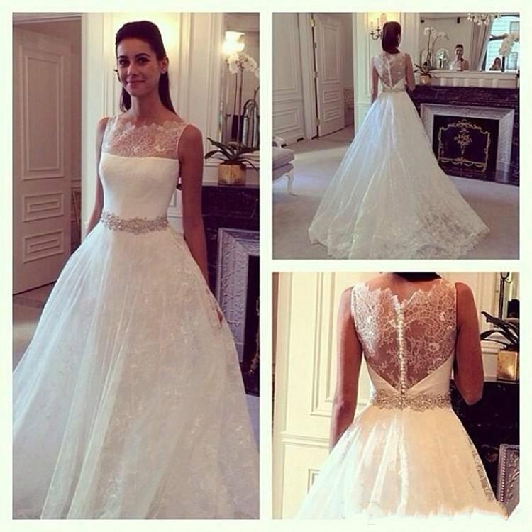 Mariage - Charming Bateau Neck Lace Wedding Dresses Beads Sash 2015 A Line Cheap Women Long White Bridal Ball Gowns Vestido De Noiva Custom Made Online with $128.17/Piece on Hjklp88's Store 