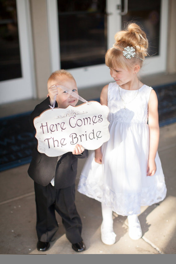 Hochzeit - Wedding Sign Here Comes The Bride Wood White Shabby Custom Photo Prop Aisle Flower Girl Ring Bearer