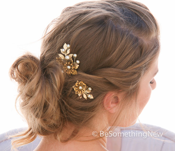 Wedding - Large Vintage Golden Flower Bobbie Pins with Gold Leaves and Pearls Hair Accessories, Wedding Hair, Vintage Wedding Hair, Brass Flower Pins
