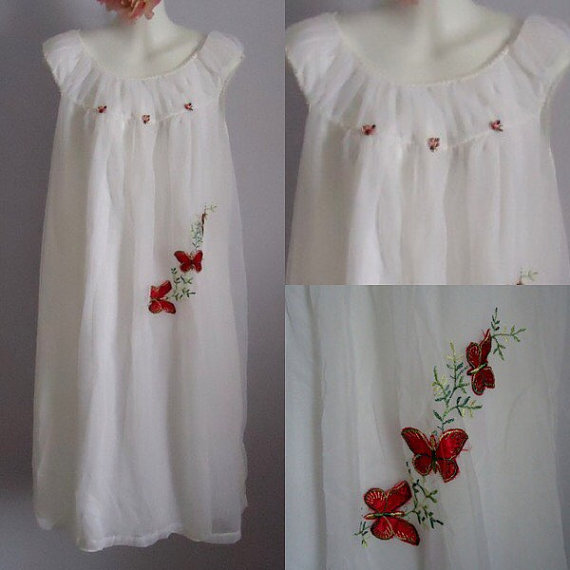 Свадьба - Free Shipping, Vintage Nightgown, Vintage Lingerie, Vintage Chiffon Nightgown, 1950s Nightgown, 1950s Dorsay, White Chiffon Nightgown