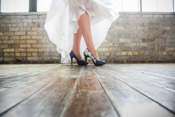 زفاف - Wedding Shoes. Navy Blue Wedding Shoes, Navy Blue Heels, Blue Bridal Heels, Bridal Shoes, with Ivory Lace. US Size 6.5