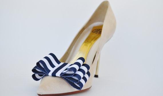 Wedding - Stripes Navy and White Ribbon Bow Shoe Clips Set Of Two, More Colors Available