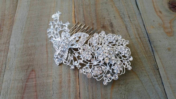 Свадьба - Bridal Rhinestone Hair Comb Large Floral Butterfly Crystal Head Piece Silver Rhinestone Wedding Accessory Bride Statement Veil Piece