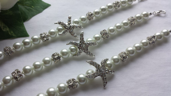 Mariage - Pearl & Silver Fireball Rhinestone Starfish Bracelet Wedding Jewelry Bridesmaid Gift Beach Wedding Bridal Jewelry