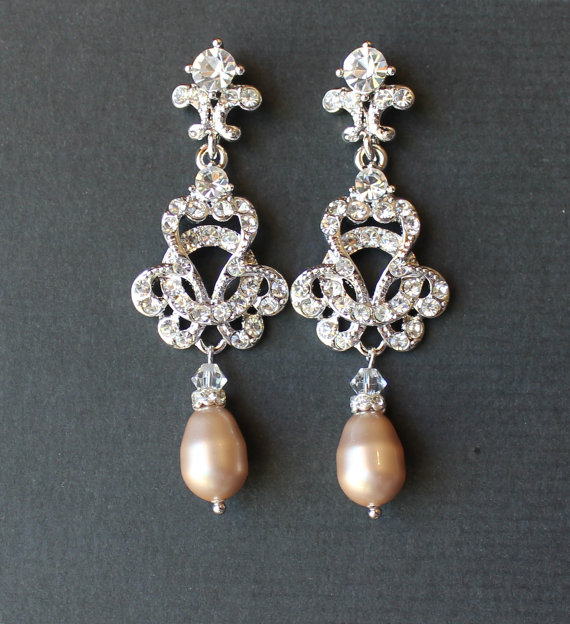 Mariage - Bridal Crystal Chandelier Earrings, Wedding Jewelry, Vintage Wedding Bridal Jewelry, Champagne Blush Pearl Earrings,Wedding Jewelry CELINE