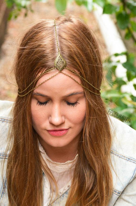 Hochzeit - Chain Headpiece Headband  Hair Piece Bohemian Drop Bronze Chain Drape Hipster Boho Hippie Bridal Statement Jewelry HPAlina