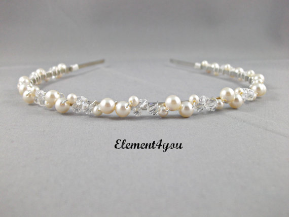 زفاف - Swarovski pearls crystals Bridal Tiara headband white or ivory Beaded Silver metal band Hair Veil Flower girl Wedding accessories