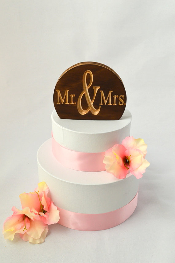 Wedding - Mr & Mrs Natural Burned Wood Wedding Cake Topper