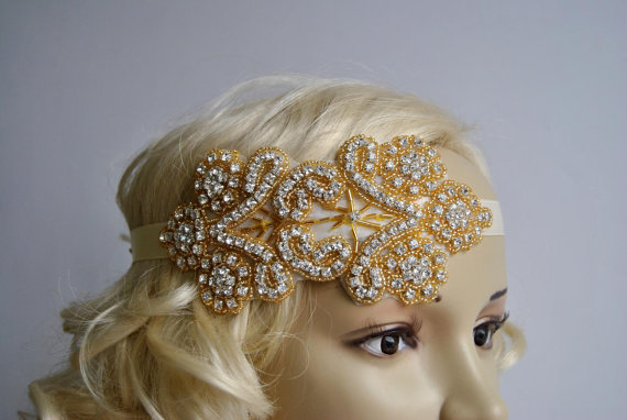 زفاف - Gold Rhinestone flapper Gatsby Headband,Wedding Headband, Crystal Headband, Wedding Headpiece, Halo Bridal Headpiece, 1920s Flapper headband