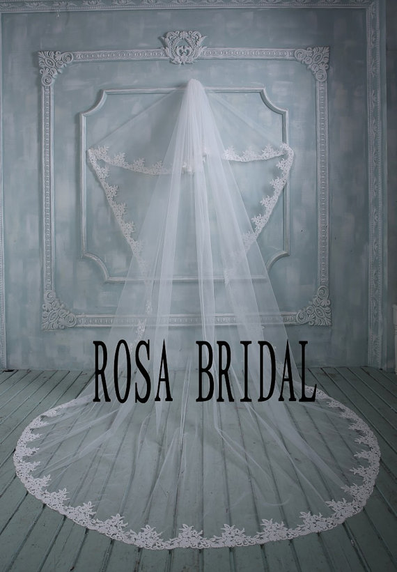 زفاف - Cheap Long wedding veil, 2 tiers bridal veil lace, Lace edge long wedding veil,cathedral bridal veil with comb White / Ivory