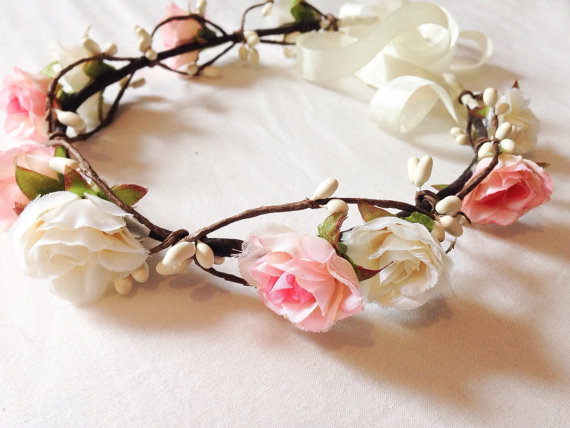زفاف - Woodland flower floral crown hair wreath (pink and cream rose) - Wedding headpiece, headband, vintage inspired rose crown