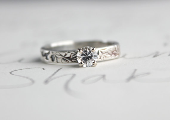 زفاف - white sapphire engagement ring . unique diamond alternative engagement ring . handcrafted recycled silver and 10k white gold engagement ring