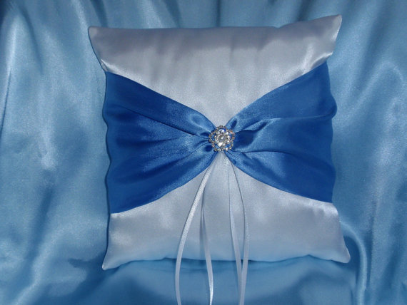 Wedding - White Blue Square Satin Ring Bearer Pillow Bow Rhinestone Rhinestones Pearl Pearls Wedding Bridal