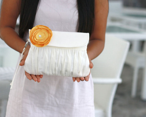 Mariage - ivory Wedding clutch with yellow satin flower - choose your flower