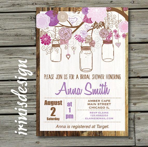 Свадьба - Mason Jar Bridal Invitation Hanging Invite Country Rustic Shabby Chic Baby Shower Birthday Vintage Purple Lavender Backyard bbq outdoor 