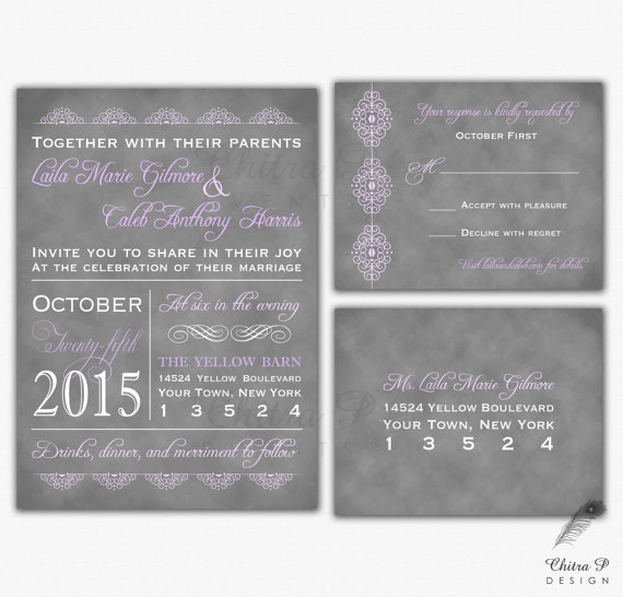 Mariage - Purple Typography Wedding Invitation & RSVP Postcard - Printed or Printable, Rehearsal Engagement Chalkboard Grey Lace Romantic Lilac - 