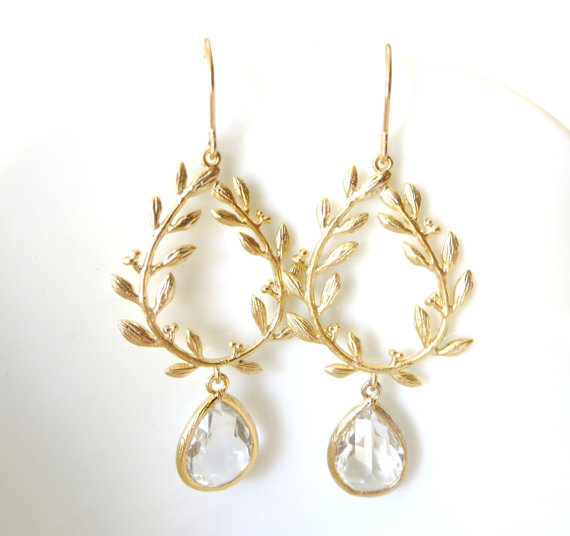 Wedding - Gold Leaf Earrings Clear Crystal Earrings Laurel Wreath Greek Goddess Grecian Jewelry Gold Wedding Gold Bridesmaid Earrings Bridal Jewelry
