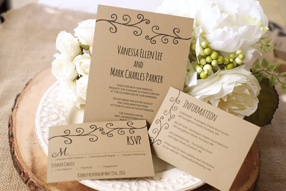 Wedding - Printable Wedding Invitation, rustic wedding invitation. Editable text, swirly vine, 5 x 7, 3.5 x 5, PDF