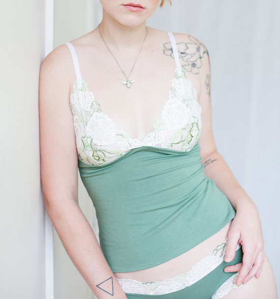 Mariage - Green Bamboo/Cotton and Lace Camisole - 'Amaryllis' Style Custom Fit Made To Order Womens Lingerie
