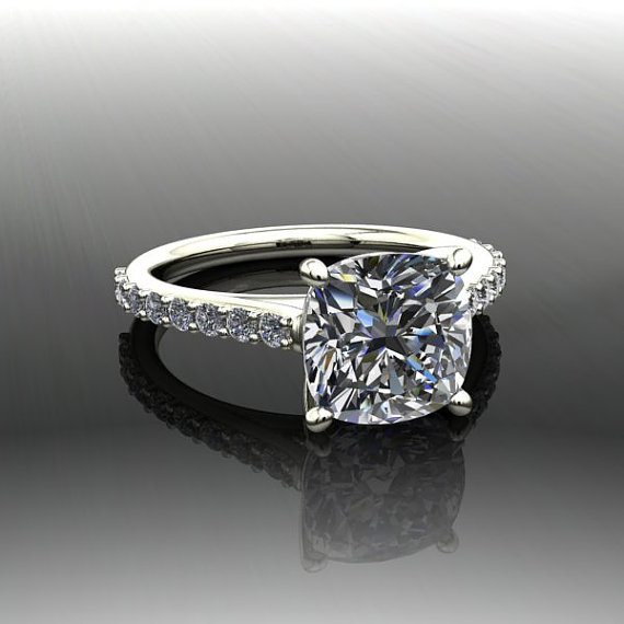 Wedding - Moissanite Cushion Cut Engagement and Diamond Engagement Ring, Forever Brilliant, 2.79 CTW Recycled Metal