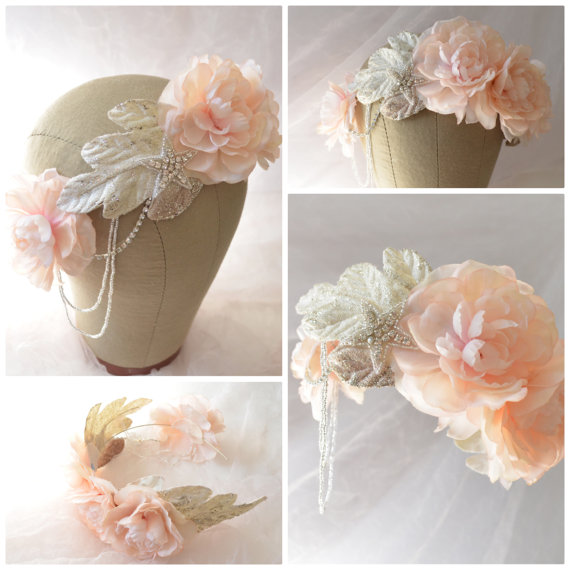 Mariage - Floral headpiece, pink wedding crown, flapper headband, flower hair accessory