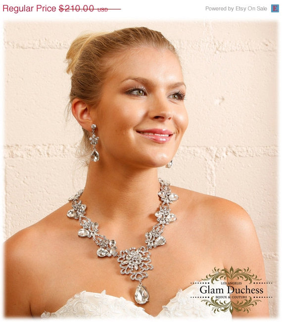 Wedding - Bridal jewlery, Bridal back drop bib necklace earrings , vintage inspired rhinestone bridal necklace statement, wedding jewelry