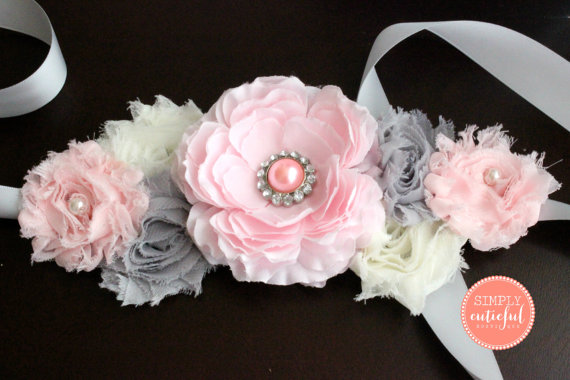 Mariage - Pink Gray Maternity Sash - Maternity Belt -Baby Shower Sash -Pregnancy Photo Prop- Pregnancy Sash - Belly Sash - Bridal Sash