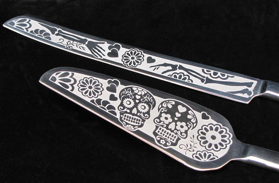 Mariage - Day of the Dead Wedding Cake Server and Knife, Wedding Table Settings, Sugar Skull, Calavera