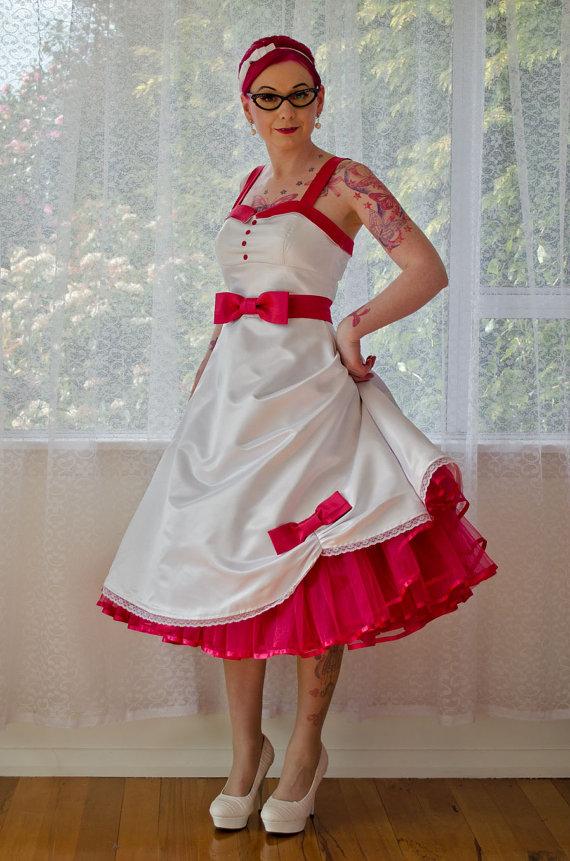 Mariage - 1950s 'Jacqueline' Rockabilly Wedding Dress with Bodice Lapels, Bow Belt, Tea Length Skirt & Organza Petticoat and Sash - custom made to fit
