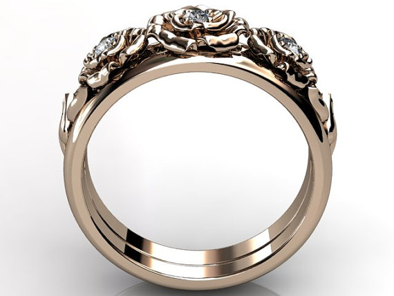 Wedding - 14k rose gold diamond unusual unique flower engagement ring, bridal ring, wedding ring, flower engagement set ER-1094-3