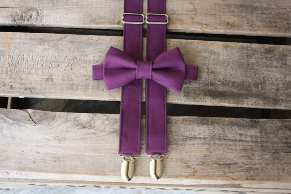 زفاف - Eggplant Purple Cotton Bow Tie & Suspenders