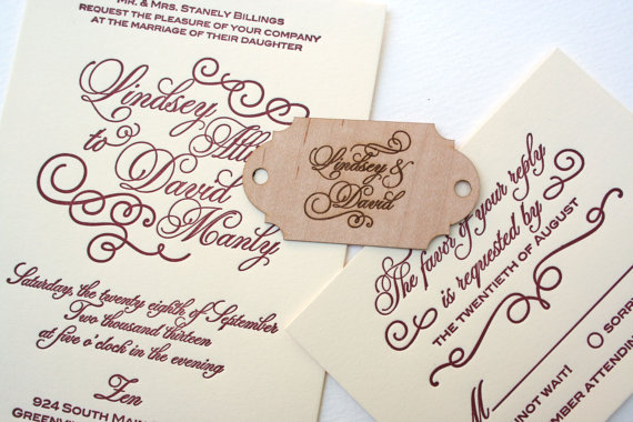 Свадьба - Calligraphy Bride and Groom Names Wedding Invitation with Engraved Wood Tag Custom Monogram and Colors