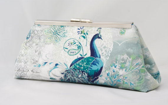 Wedding - Silver and Turquoise Teal Blue Bag Peacock Clutch Handbag For Wedding Bridal gift or Bridesmaids Gift for Holiday Wedding with Peacock
