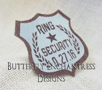 زفاف - Ring Security Badge Pin - Ring Bearer Gift - Rustic Beach Wedding - Brown Burlap Pale Blue - Personalized Custom Wedding Date - BE Lapel