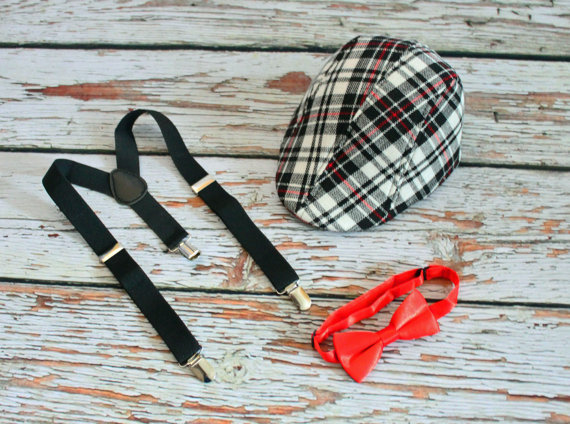 Wedding - Boy's Vintage Wedding 3 Piece set - Black, White, Red Plaid Newsboy Hat with suspenders and Bow Tie (your choice) Fits boys 3-7 years old