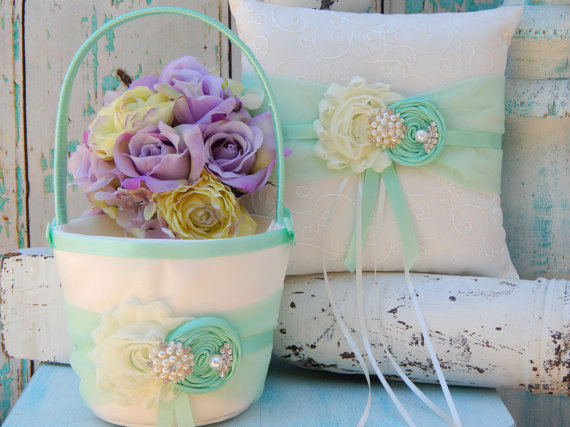 Hochzeit - Flower Girl Basket / Mint Flower Girl Basket / Ring Bearer Pillow / YOU DESIGN / Mint Flower Girl Basket and Ring Bearer Pillow Set