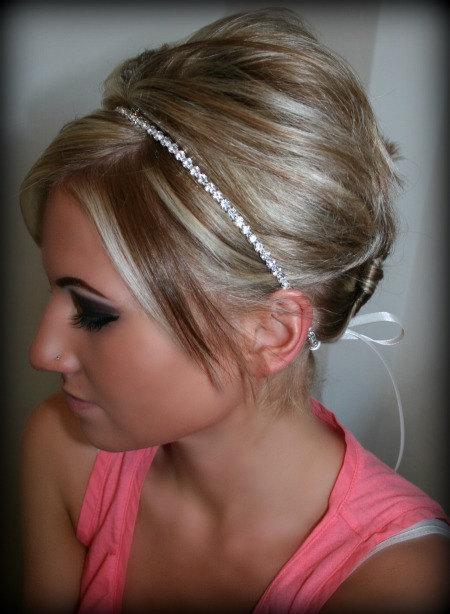 Hochzeit - Bridal headband, ribbon hair piece, single row rhinestone hair piece, accesories, bridal, wedding