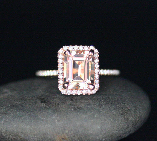 زفاف - Pink Morganite Rose Gold Engagement Ring in 14k With Morganite Emerald Cut 9x7mm and Diamonds