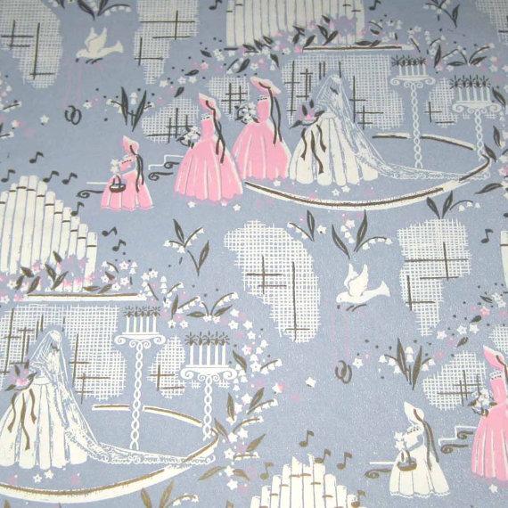 Wedding - Vintage Grey Pink and Gold Wedding Wrapping Paper or Gift Wrap with Bride and Bridesmaids Dove